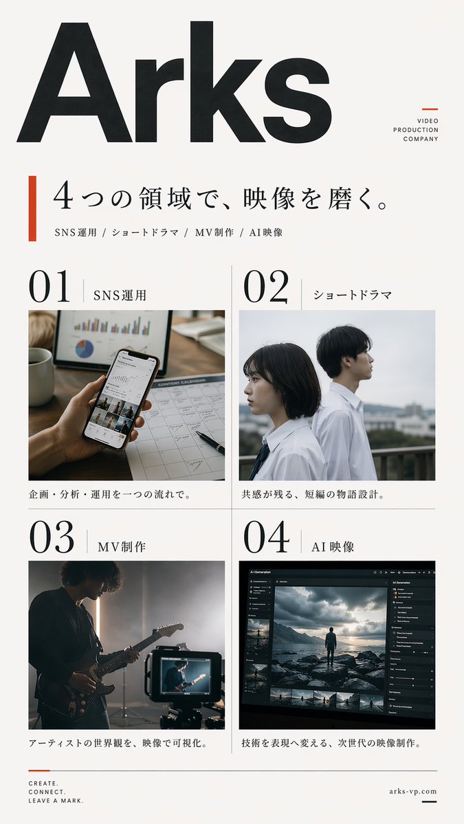 Japanese Video Production Poster Qwen Image 프롬프트 예시: A minimalist Japanese corporate promo poster showcasing four video production services, suitable for agency branding, service...