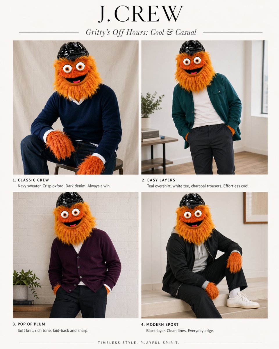 J.Crew Mascot Fashion Editorial Qwen Image 프롬프트 예시: This prompt turns a mascot reference infographic into a four-look J.Crew-style fashion editorial spread for playful brand...