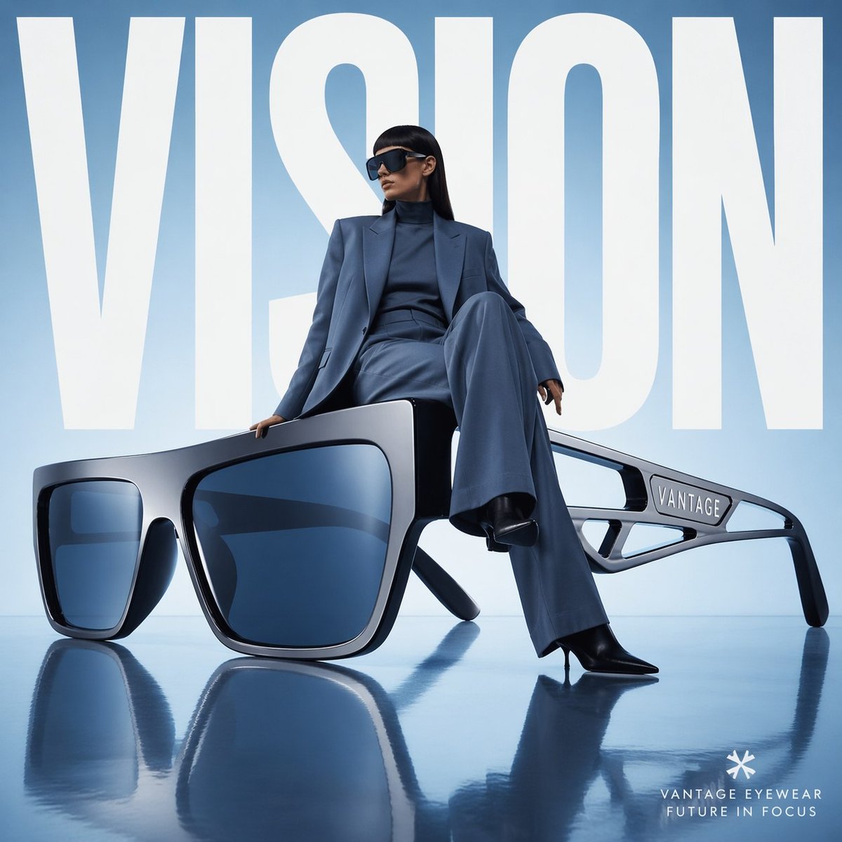 Avant-Garde Eyewear Fashion Ad GPT Image 2 prompt example: A high-fashion magazine style prompt for a luxury eyewear campaign featuring oversized sunglasses and bold typography.