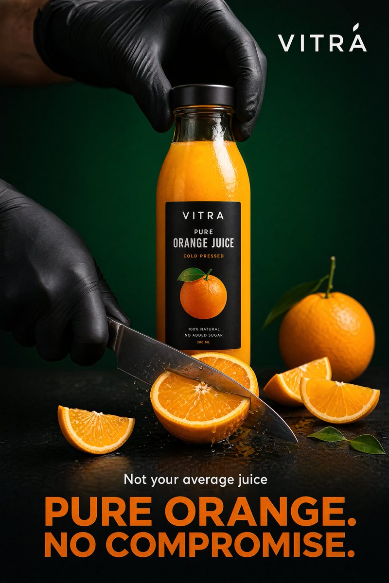 Premium Beverage Commercial Poster Qwen Image prompt example: A detailed professional prompt for a high-end orange juice advertisement featuring hyper-realistic textures, studio...