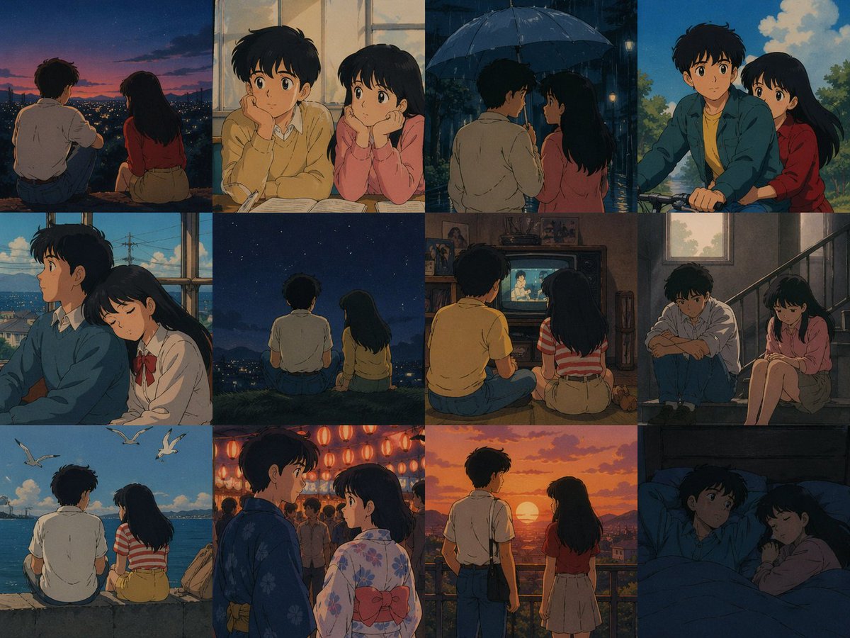 80's Anime Style Memory Grid のQwen Imageプロンプト例: A prompt for creating a consistent 4x3 image grid depicting nostalgic memories in a classic 80s anime art style.