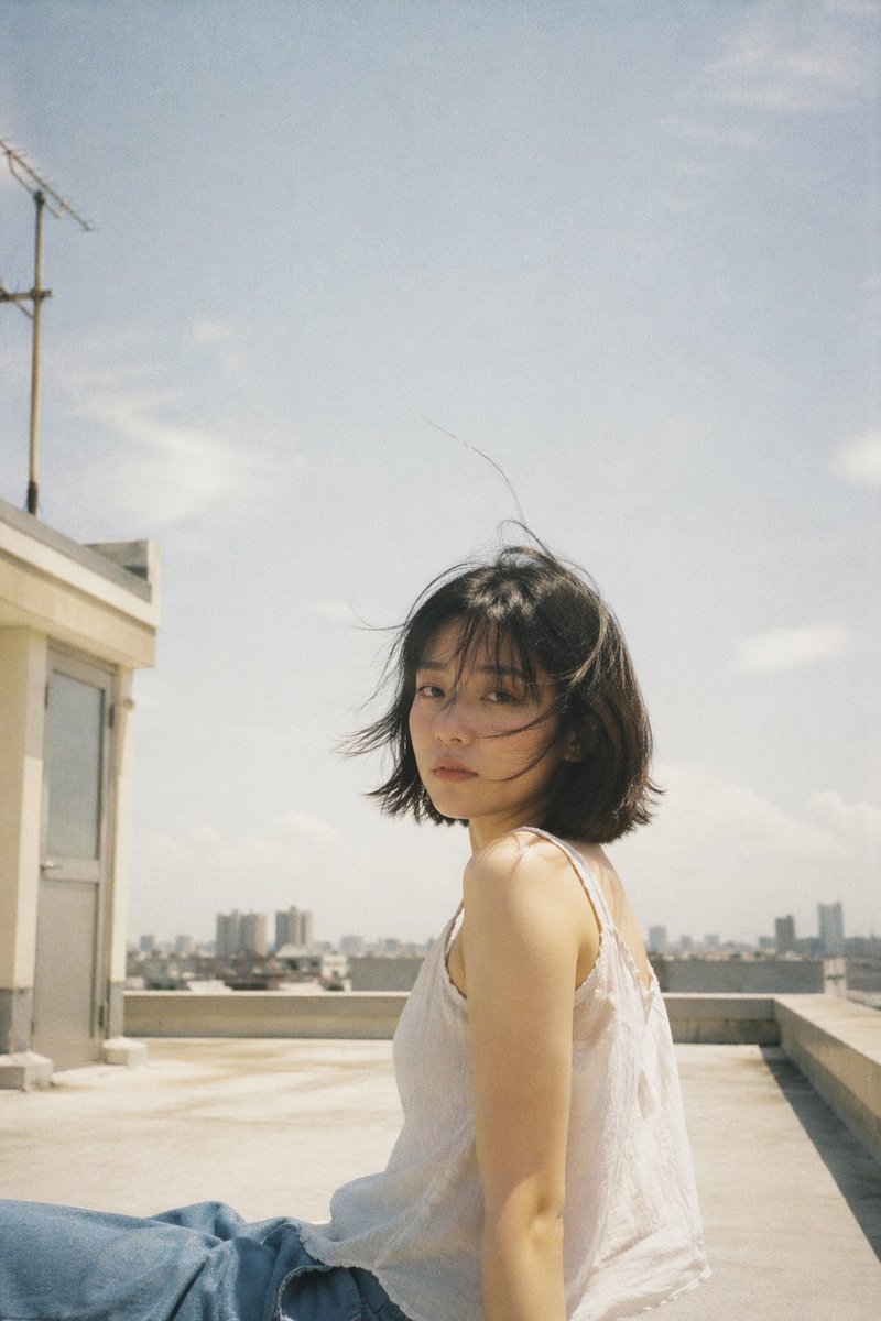 Japanese Film Aesthetic Rooftop Qwen Image 프롬프트 예시: A prompt for a nostalgic rooftop scene with Japanese negative film aesthetics and soft natural light.