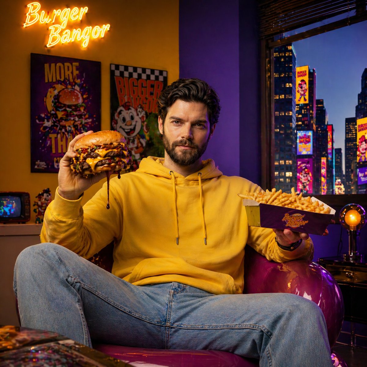 Fast-Food Lifestyle Commercial Qwen Image prompt example: A commercial-style prompt for a young man enjoying a burger in a vibrant, modern restaurant interior.