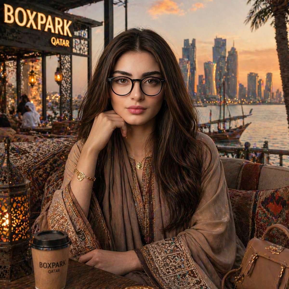 Doha Waterfront Portrait Qwen Image prompt example: A prompt for a hyper-realistic portrait of an elegant woman at a luxury café in Doha during golden hour.