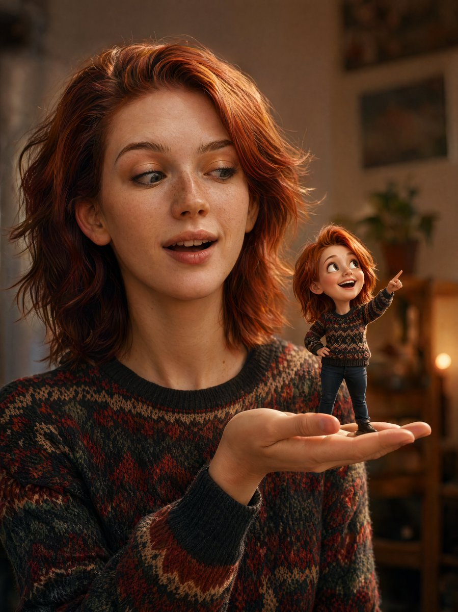 Cinematic Portrait with 3D Mini Character Qwen Image prompt example: A prompt for generating an ultra-realistic portrait of a woman holding a 3D cartoon-style miniature of herself.