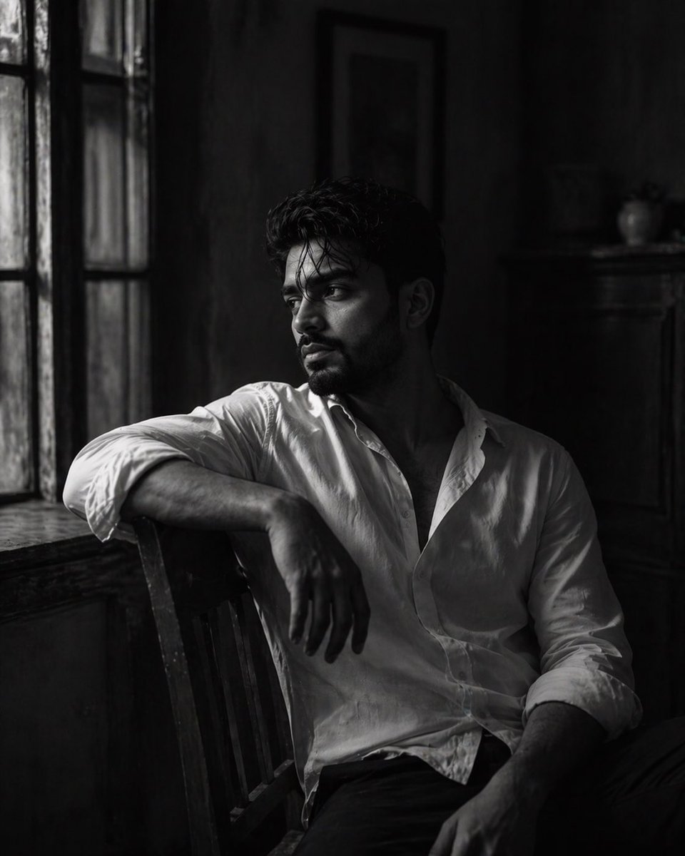 Black-and-White Fine Art Portrait 的 GPT Image 2 提示词示例图：A cinematic monochrome portrait prompt capturing an introspective man in a vintage setting with high-contrast lighting.