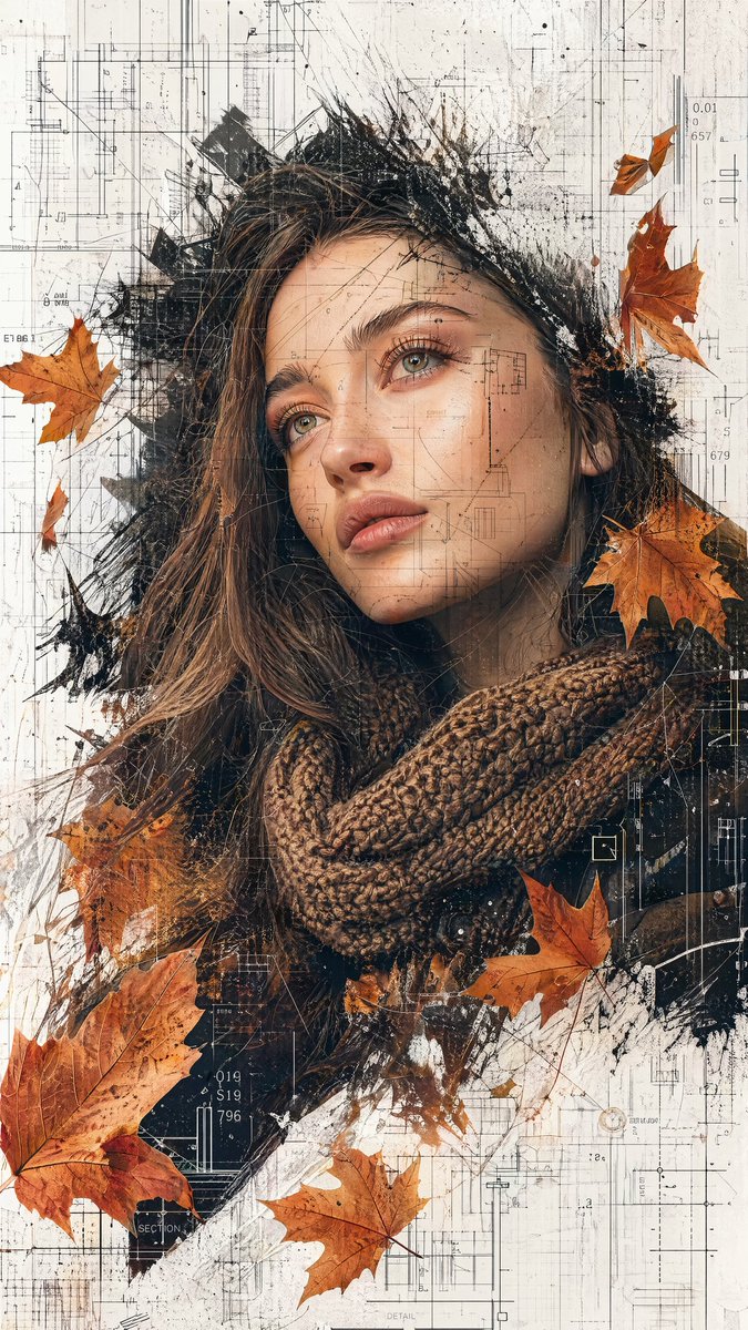 Multimedia Collage Fashion Portrait Qwen Image prompt example variation 2: A high-fashion cinematic portrait prompt with multimedia effects like blueprints and paint splatters.