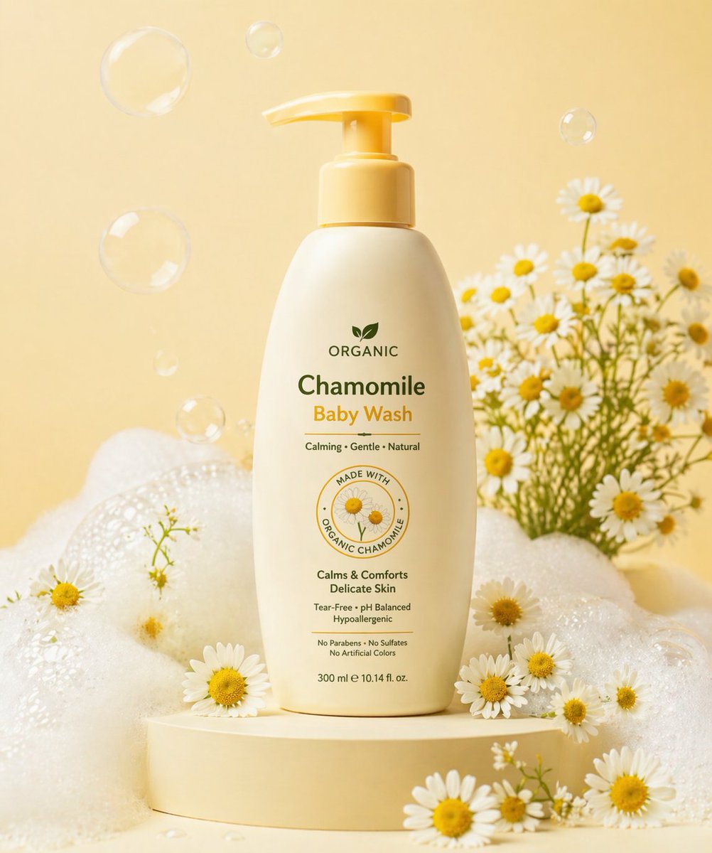 Skincare Product Studio Shot Qwen Image prompt example: A soft, calming skincare product advertisement prompt featuring chamomile flowers and silky foam.