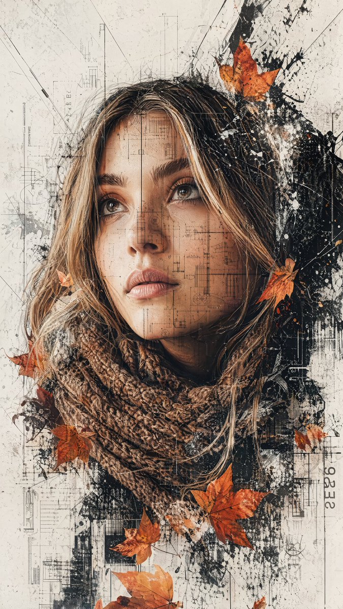 Multimedia Collage Fashion Portrait Qwen Image prompt example variation 4: A high-fashion cinematic portrait prompt with multimedia effects like blueprints and paint splatters.