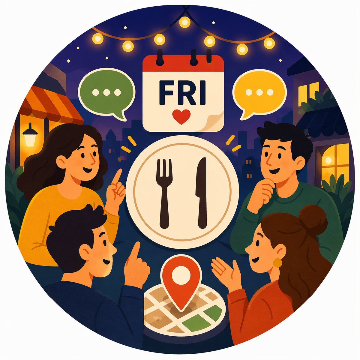 WhatsApp Group Profile Avatar のQwen Imageプロンプト例: A simple prompt for generating a representative profile picture for a dining-focused social group.
