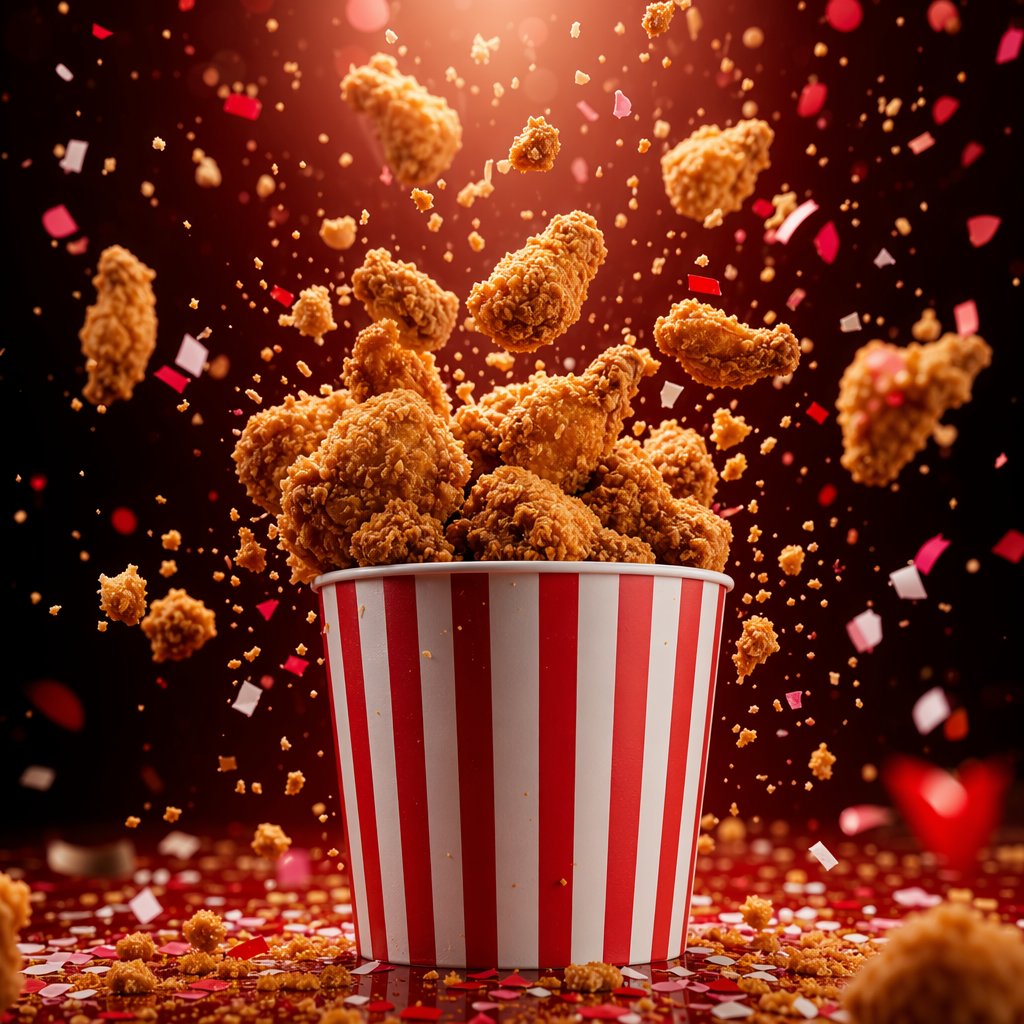 Explosive Fried Chicken Advertisement Qwen Image prompt example variation 2: A high-energy, celebratory commercial food photography prompt featuring a fried chicken bucket with...