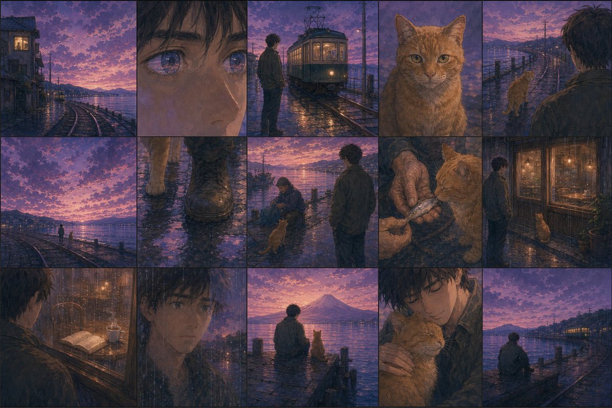 Haruki Murakami Style Comic Prompt Qwen Image prompt example: A prompt instruction for generating a stylized comic based on the literary aesthetic of Haruki Murakami.