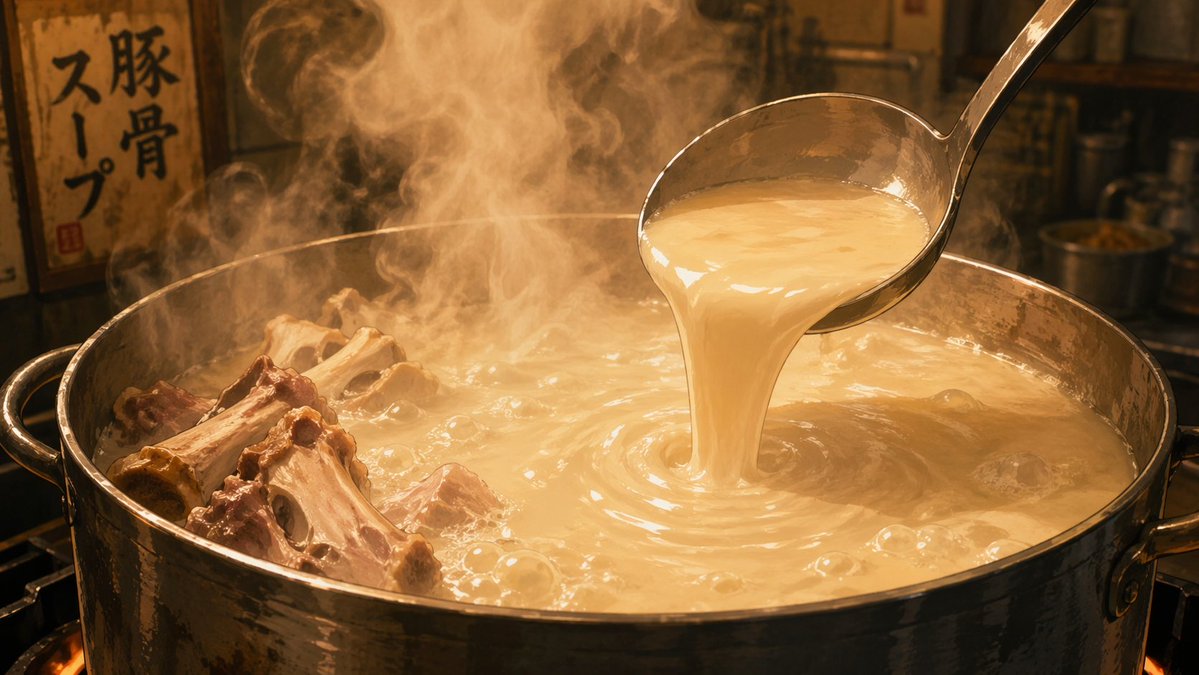 Anime Food: Tonkotsu Broth Qwen Image prompt example: A descriptive prompt for an anime-style cinematic shot of ramen broth being prepared.