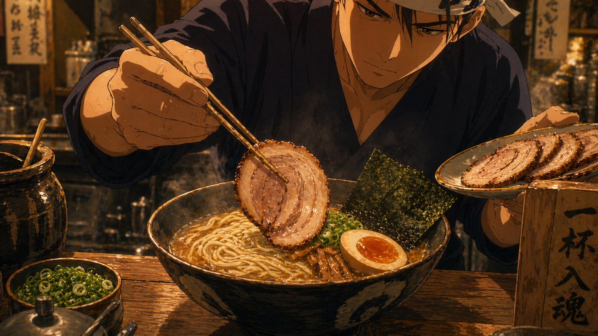 Anime Food: Tonkotsu Broth Qwen Image prompt example variation 2: A descriptive prompt for an anime-style cinematic shot of ramen broth being prepared.