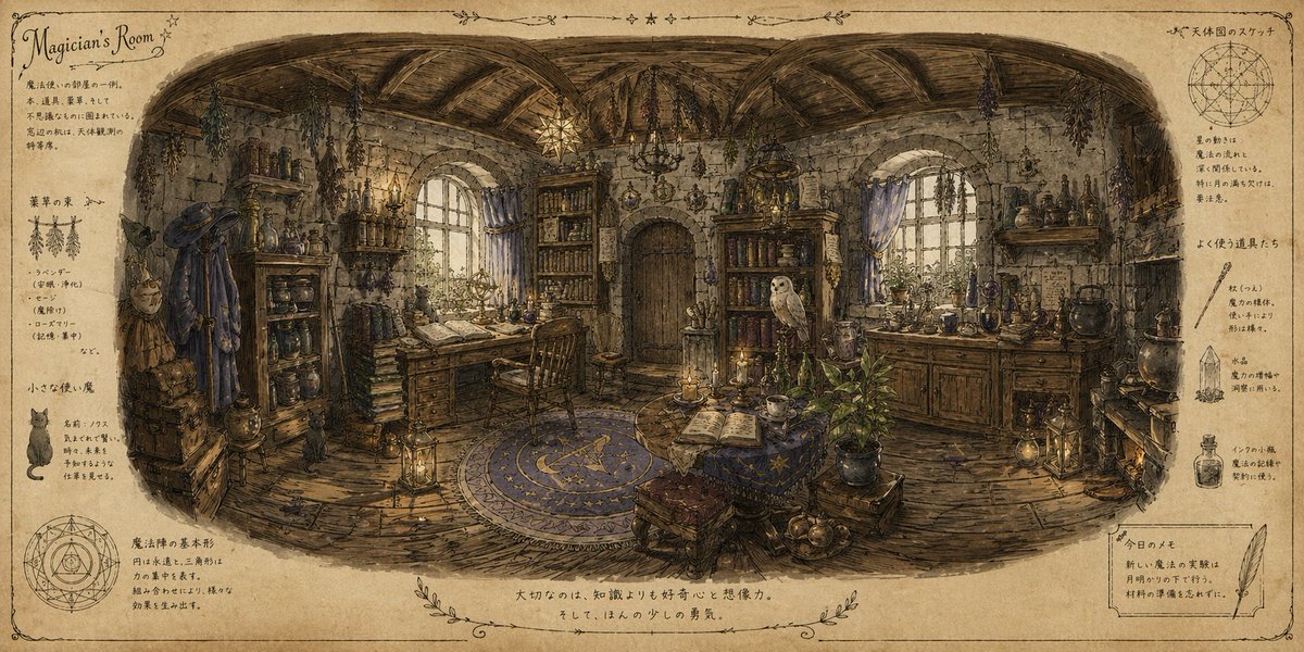 Wizard's Room Illustration Qwen Image 프롬프트 예시: A Japanese prompt for creating a wizard's room with the texture of a handwritten magic book.