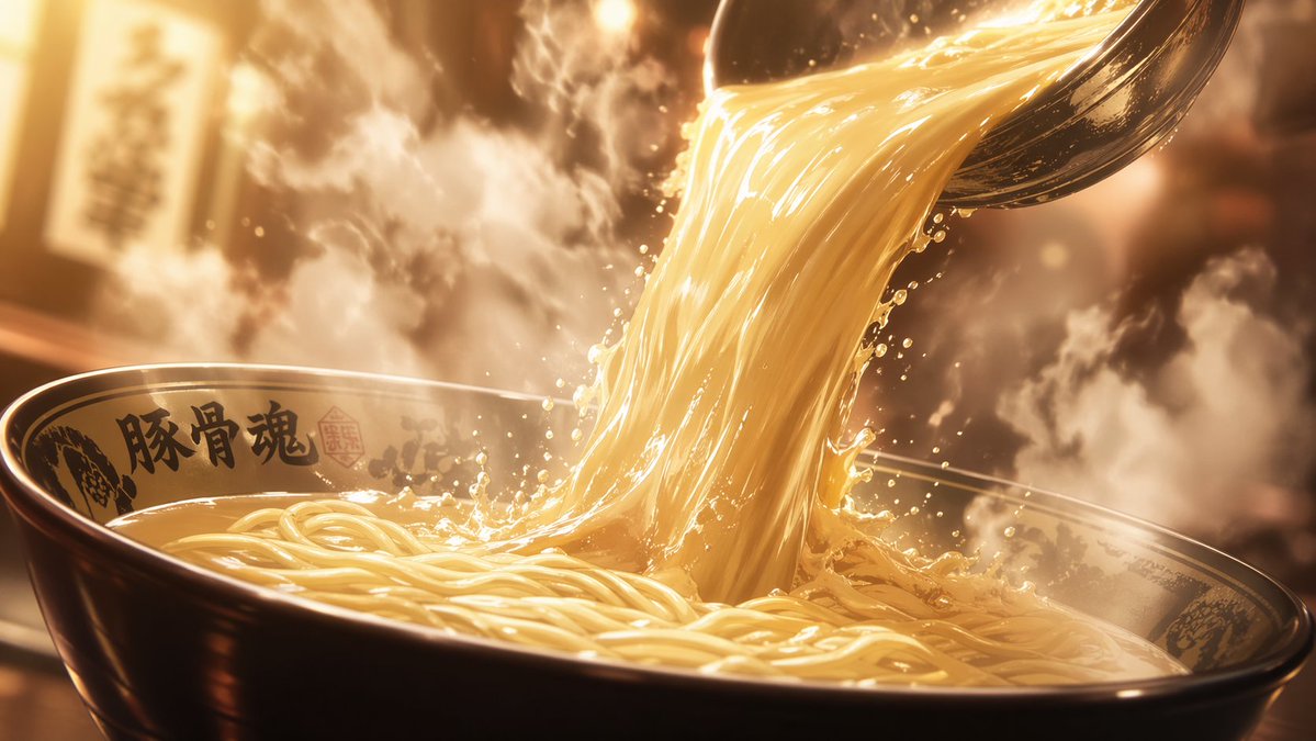 Anime Food: Tonkotsu Broth Qwen Image prompt example variation 3: A descriptive prompt for an anime-style cinematic shot of ramen broth being prepared.