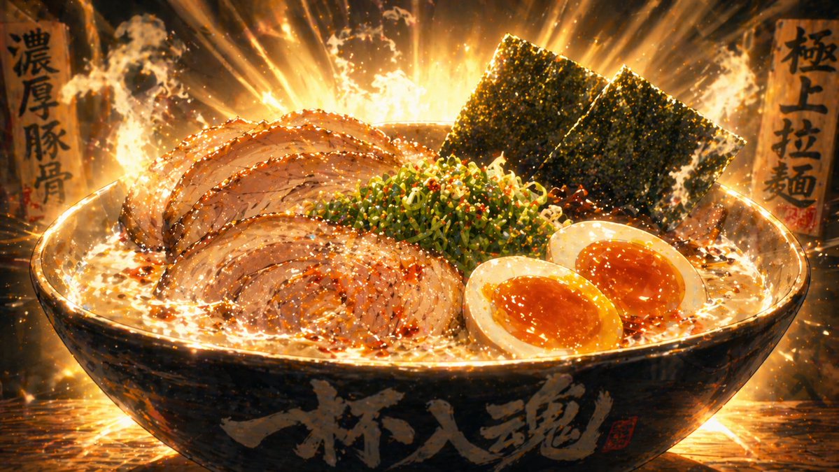 Anime Food: Tonkotsu Broth Qwen Image prompt example variation 4: A descriptive prompt for an anime-style cinematic shot of ramen broth being prepared.