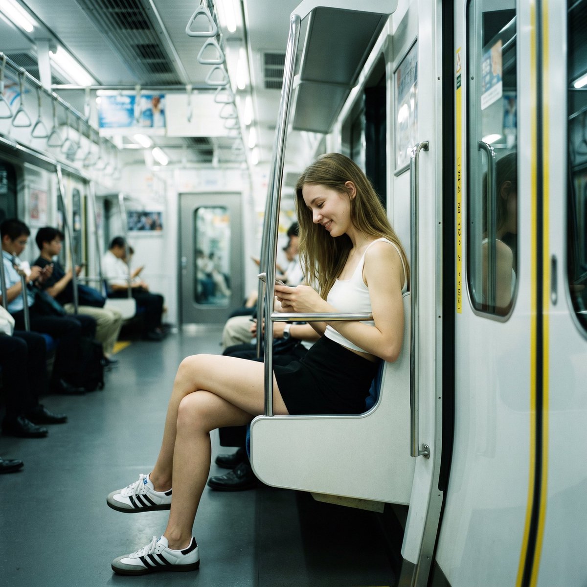 Realistic Subway Candid Portrait 的 Qwen Image 提示词示例图:A highly detailed prompt for a realistic, street-photography style shot of a woman on a subway, emphasizing natural lighting,...