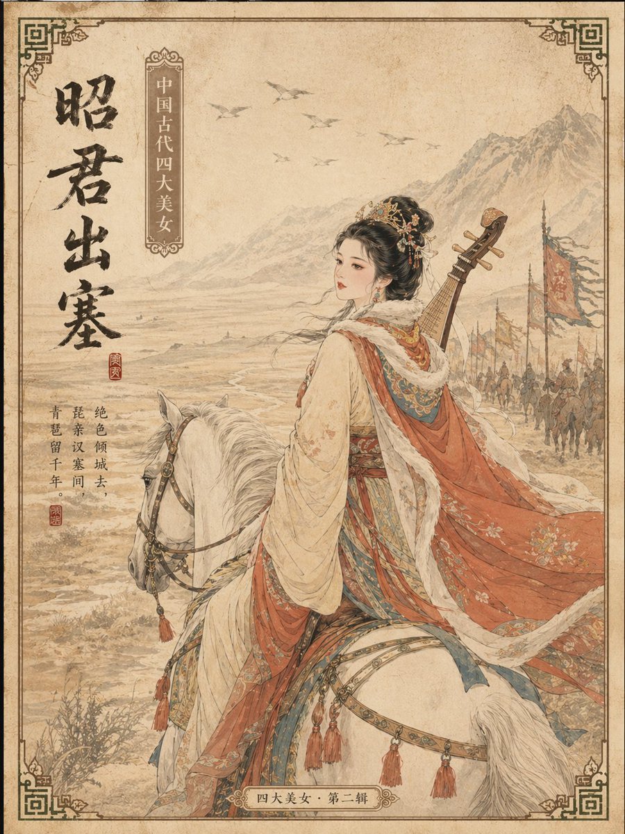 Ancient Chinese Beauties Postcard Prompt 的 Qwen Image 提示词示例图 变化图 2:A series of prompts to generate postcards featuring the four famous beauties of ancient China using GPT-Image-2.