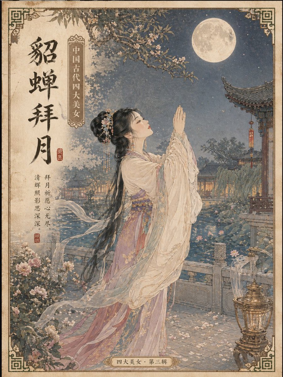 Ancient Chinese Beauties Postcard Prompt 的 Qwen Image 提示词示例图 变化图 3:A series of prompts to generate postcards featuring the four famous beauties of ancient China using GPT-Image-2.