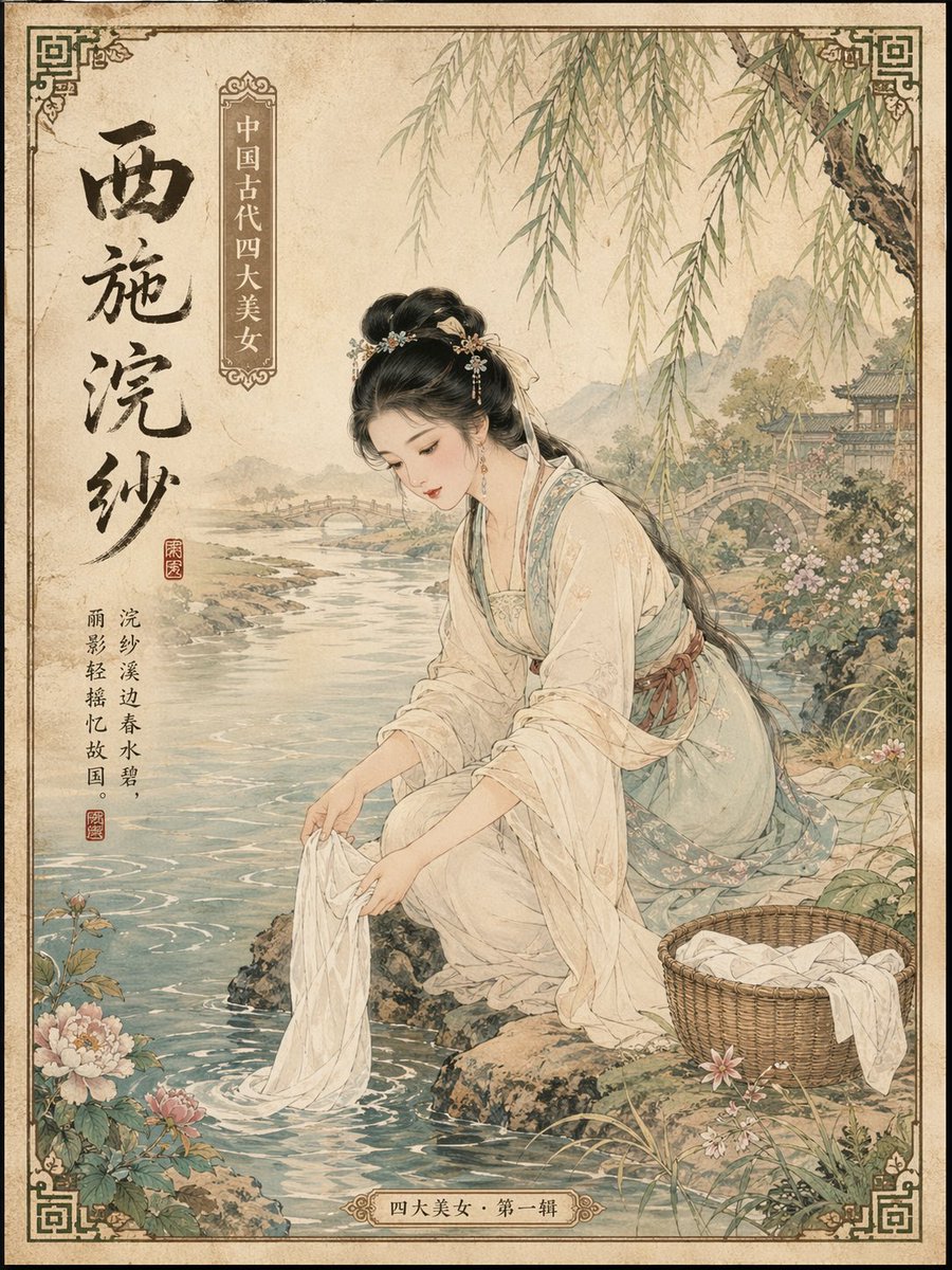 Ancient Chinese Beauties Postcard Prompt 的 Qwen Image 提示词示例图:A series of prompts to generate postcards featuring the four famous beauties of ancient China using GPT-Image-2.