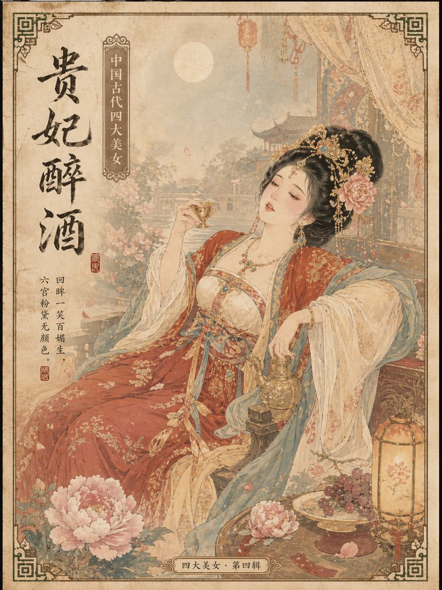 Ancient Chinese Beauties Postcard Prompt 的 Qwen Image 提示词示例图 变化图 4:A series of prompts to generate postcards featuring the four famous beauties of ancient China using GPT-Image-2.