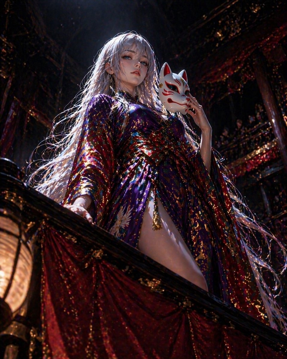 Japanese Kunoichi Character Prompt 的 GPT Image 2 提示词示例图:A Japanese prompt for GPT Image 2 creating a female ninja character disguised as a performer from an audience perspective.