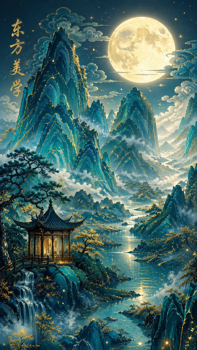 Traditional Chinese Blue-Green Landscape Qwen Image prompt example: A detailed prompt for creating high-quality traditional Chinese blue-green landscape illustrations with a...