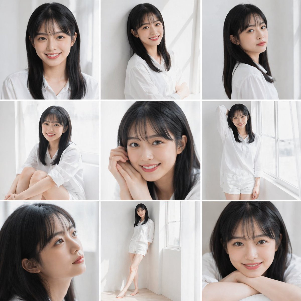 Clean Japanese/Korean Style Photoshoot のQwen Imageプロンプト例: A prompt for creating high-resolution, bright, and airy portrait photography in a clean 9-grid layout, focusing on...