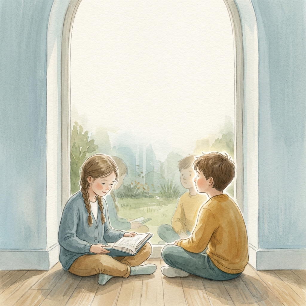 Soft Watercolor Storybook Illustration 的 Qwen Image 提示词示例图:A poetic prompt for creating children's book illustrations with watercolor and gouache textures, featuring soft pastel...