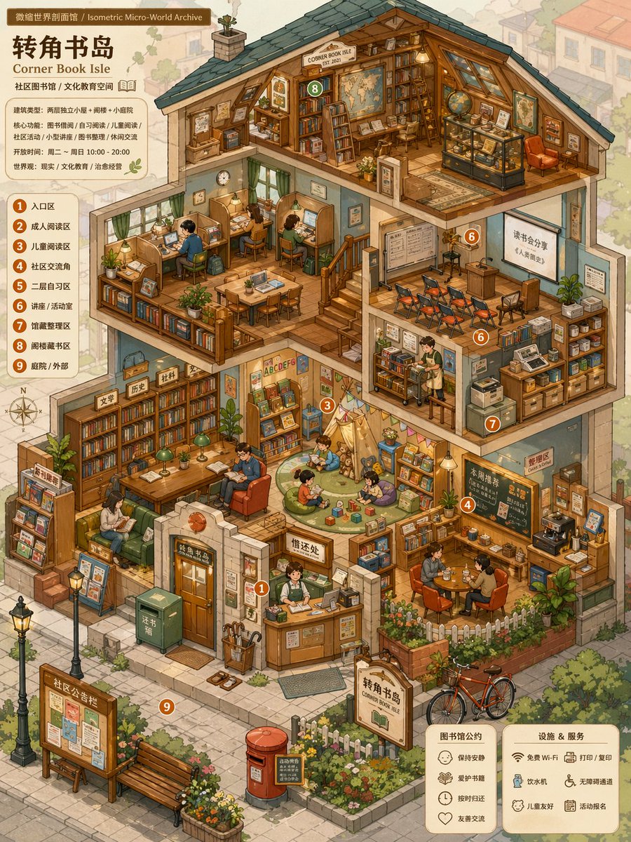 Isometric Micro-World Cross-Section Archive 的 Qwen Image 提示词示例图 变化图 3:A professional and highly detailed instruction prompt for generating isometric, cross-section views of...