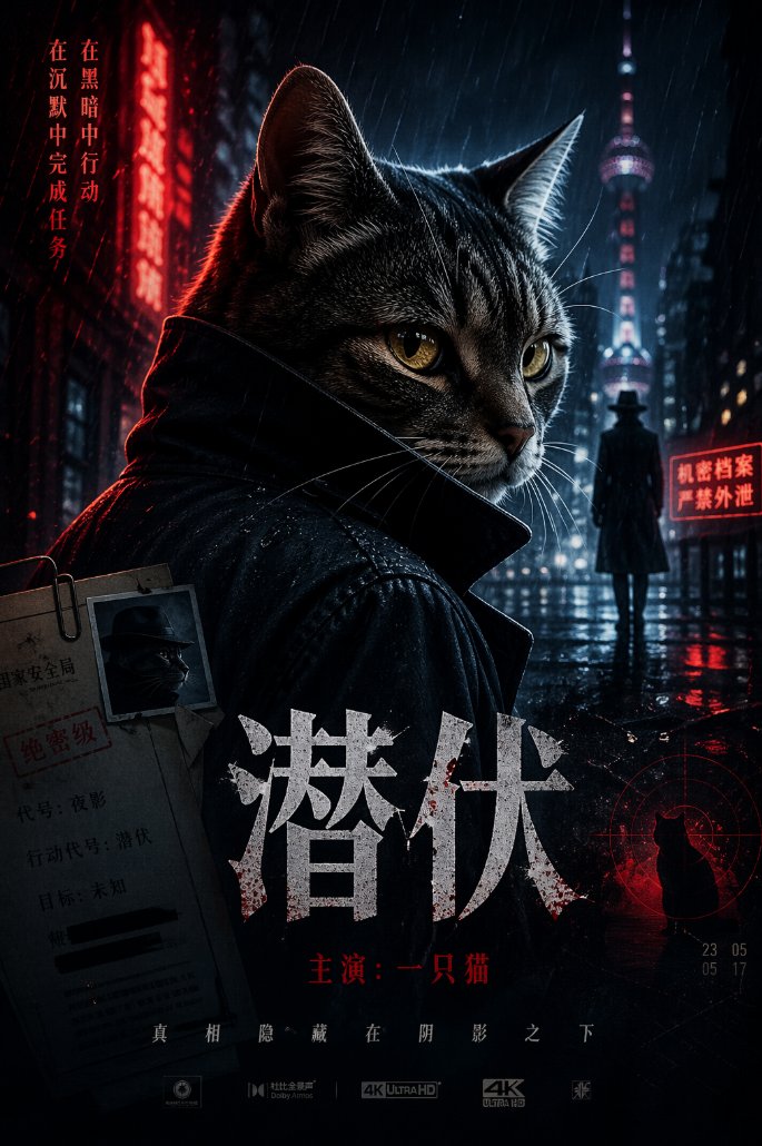 Spy Movie Poster with Cat のQwen Imageプロンプト例: An atmospheric movie poster prompt for a spy thriller starring a cat, generated with gpt-image-2.