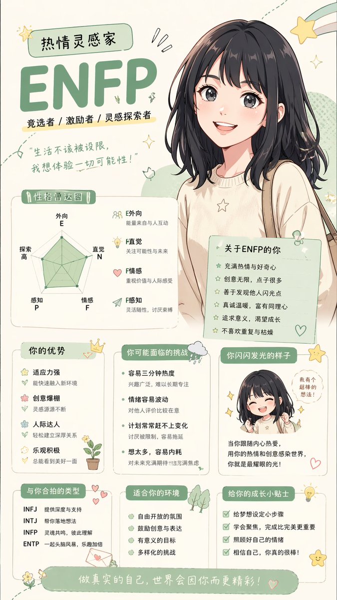 Anime personality attribute interpretation 的 GPT Image 2 提示词示例图:Generates a character attribute breakdown in an anime/2D style based on personality types like ENFP.