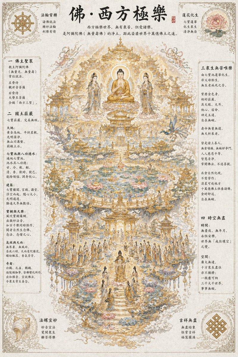 Ethereal Buddhist Pure Land scene Qwen Image prompt example: A highly detailed prompt describing the Western Pure Land (Sukhavati) with golden ground, lotus ponds, and divine...