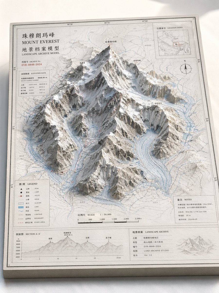 Landscape Archive Model Template Qwen Image 프롬프트 예시 변형 2: A comprehensive template for creating professional, museum-style 'landscape archive models' that combine 2D maps with 3D...