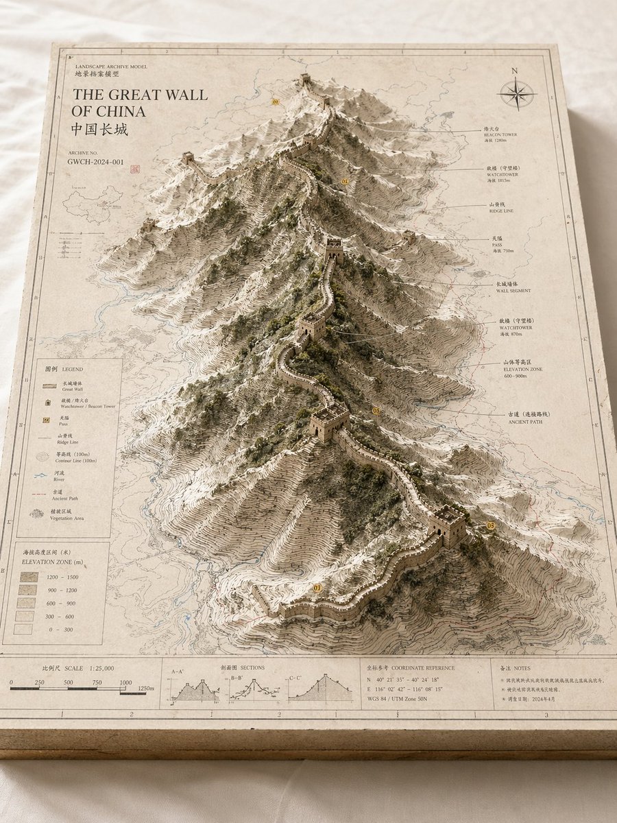 Landscape Archive Model Template Qwen Image 프롬프트 예시: A comprehensive template for creating professional, museum-style 'landscape archive models' that combine 2D maps with 3D...