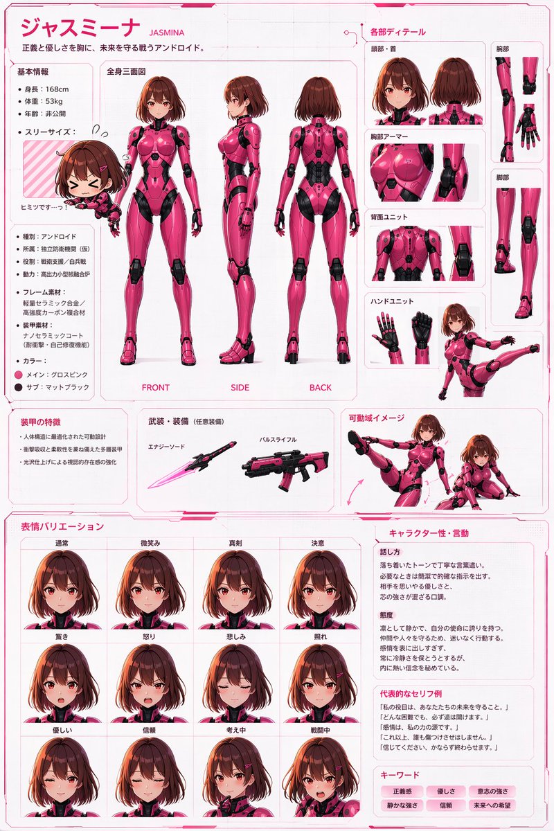 Robot Girl Reference Sheet のQwen Imageプロンプト例: Creates a character design reference sheet for a mechanical robot girl, useful for consistent character modeling or illustration.