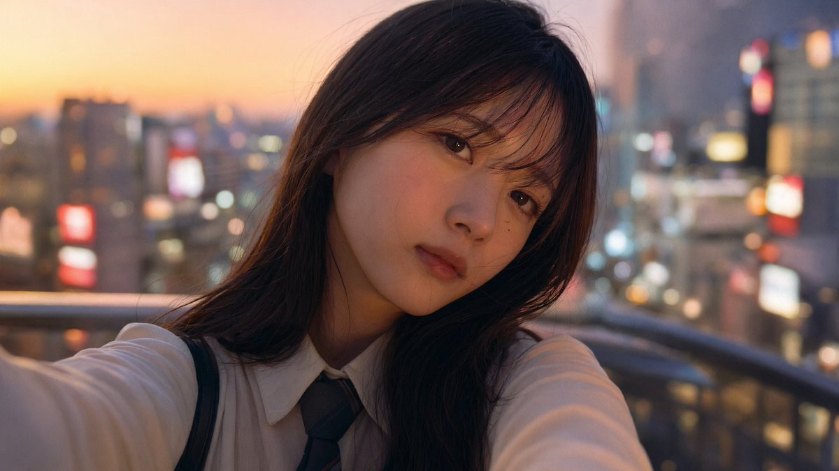 Emotional Japanese Student Selfie のQwen Imageプロンプト例: A detailed descriptive prompt for a realistic selfie of a Japanese university student, featuring soft sunset lighting and...