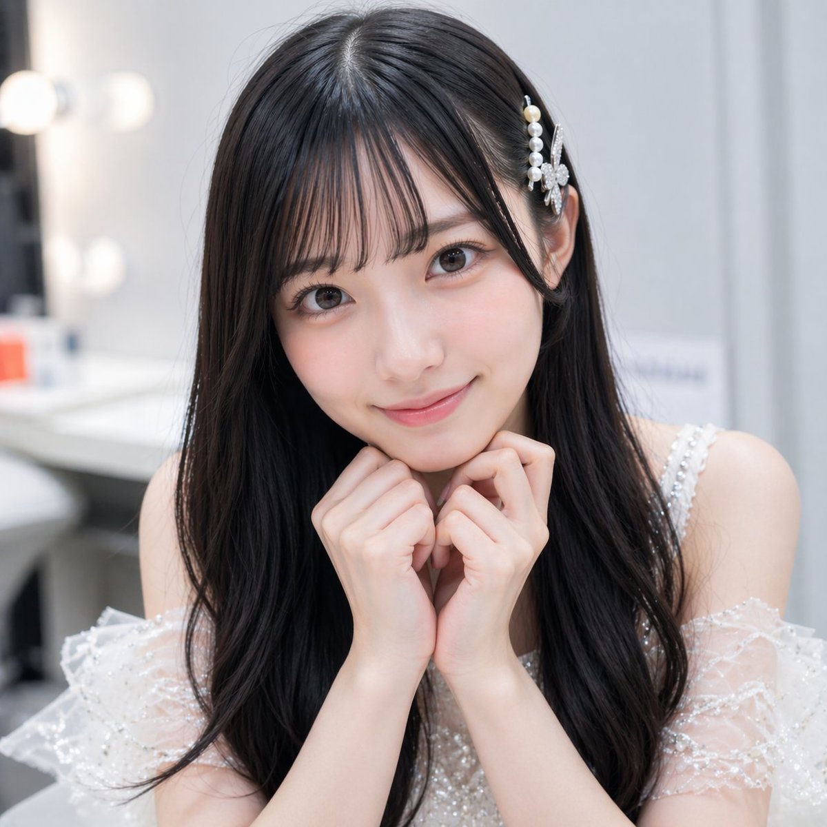 Cute Japanese Woman Prompt 的 Qwen Image 提示词示例图：A straightforward prompt to generate a cute Japanese woman with long black hair, demonstrating the model's capabilities with simple...