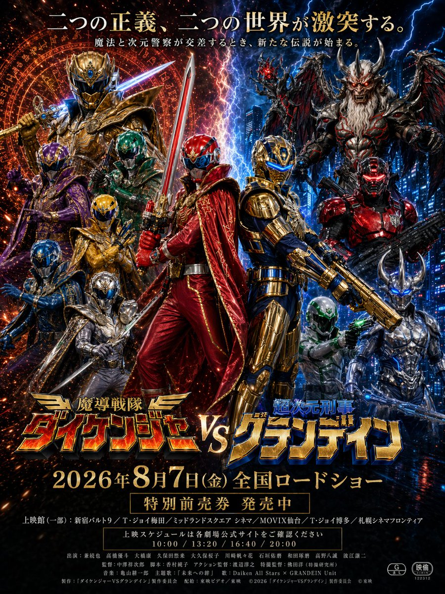 Tokusatsu Movie Poster Generator Qwen Image prompt example: A prompt for creating realistic Tokusatsu movie posters with details like theater schedules and specific film titles,...