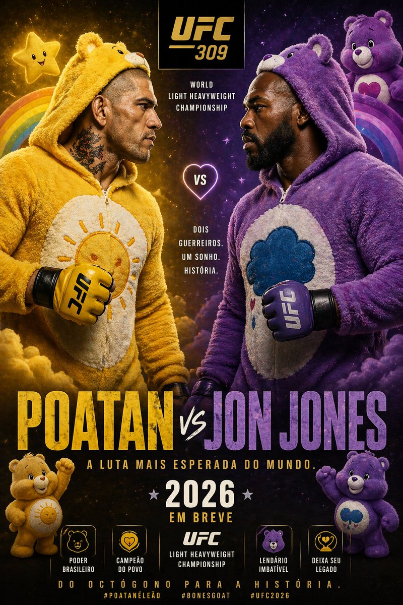 Jon Jones vs Poatan Care Bears Style Qwen Image prompt example: A prompt that generates a battle scene between UFC fighters Jon Jones and Alex Pereira in a whimsical Care Bears...