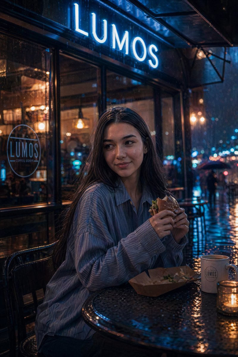 Cinematic neon cafe night Qwen Image prompt example: A highly detailed cinematic prompt for generating a moody, photorealistic scene of a woman at a neon-lit café during a rainy...