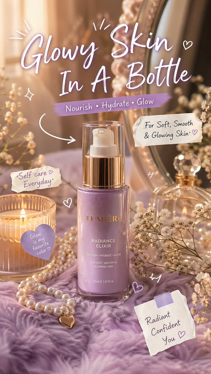 Luxury Lavender Skincare Ad Qwen Image 프롬프트 예시: A premium pastel-purple skincare product advertisement with handwritten overlays and vanity props, ideal for beauty branding and...