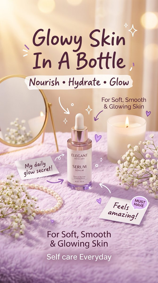 Pastel Luxury Skincare Ad Qwen Image prompt example: A soft pastel vertical beauty advertisement featuring a glowing serum bottle in a feminine vanity setup, ideal for skincare...