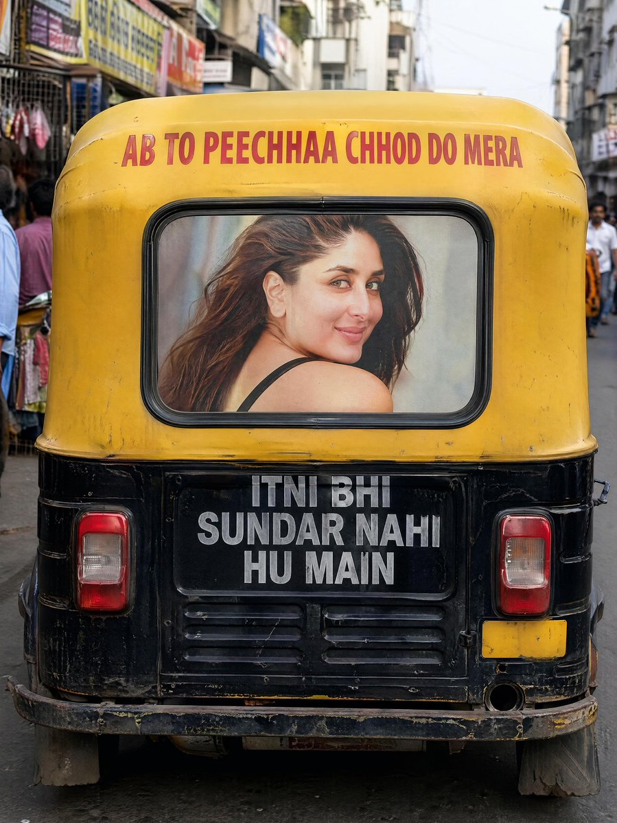 Indian Auto Rickshaw Street Photo Qwen Image 프롬프트 예시: This prompt generates a realistic rear-view street photograph of a text-painted Indian auto rickshaw in a busy market, ideal...