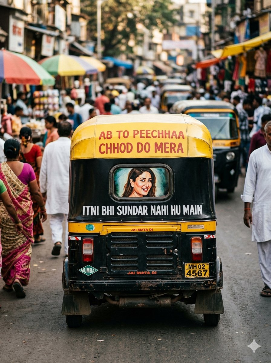 Indian Auto Rickshaw Street Photo Qwen Image 프롬프트 예시 변형 2: This prompt generates a realistic rear-view street photograph of a text-painted Indian auto rickshaw in a busy market,...