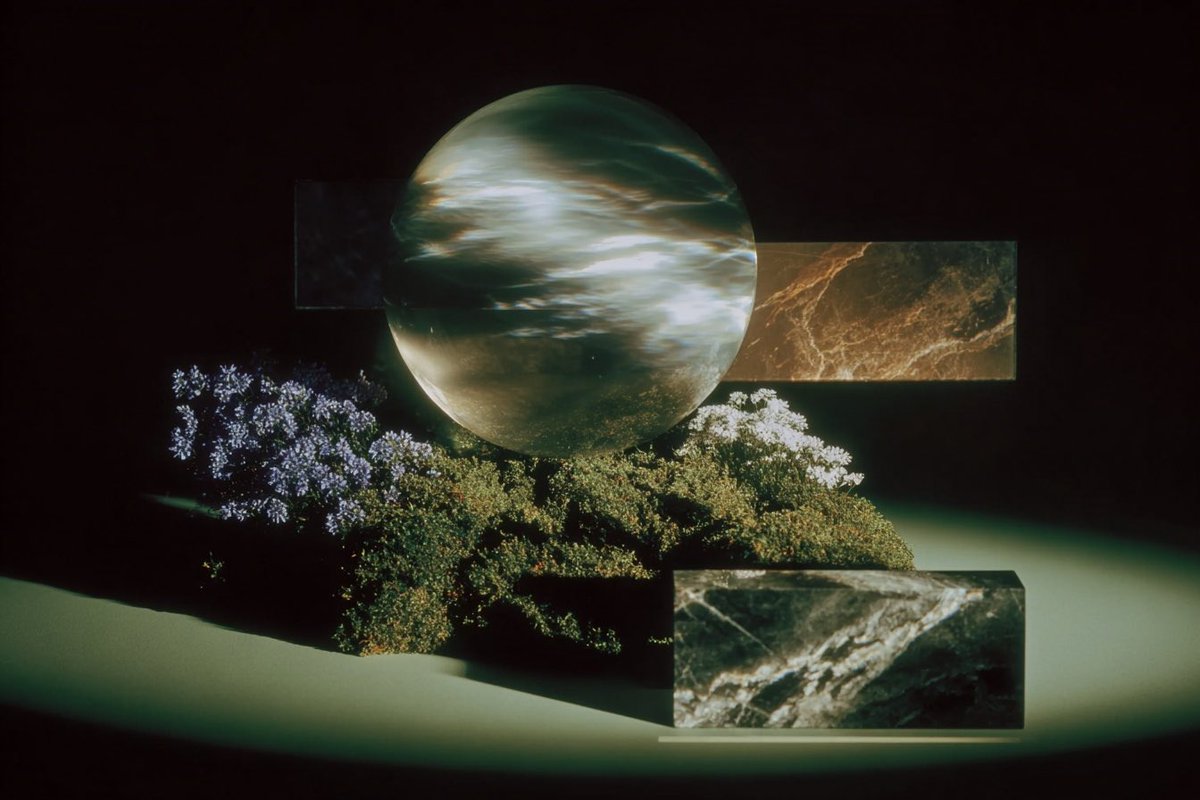 Surreal Planetary Sculpture Still Life Qwen Image prompt example: This prompt generates a dark, cinematic surreal still life with a floating planet-like sphere, organic foliage,...