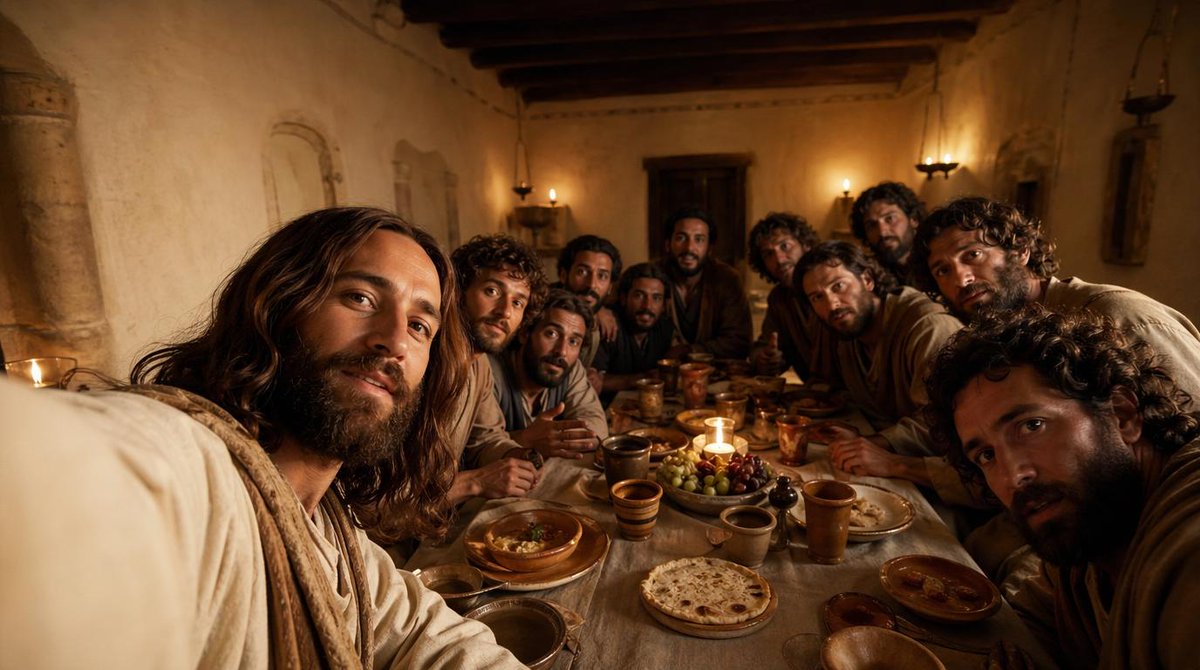 Cinematic Last Supper Scene Qwen Image prompt example: This prompt generates a warm, photorealistic biblical dinner scene of Jesus and the 12 disciples, ideal for historical,...
