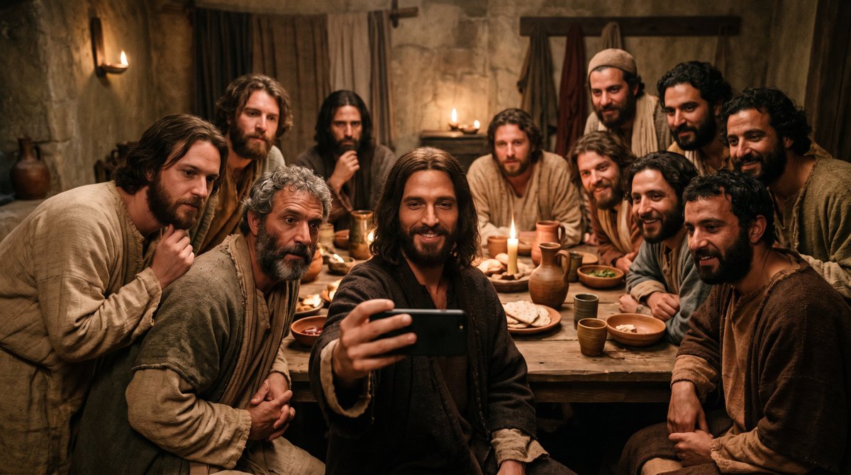 Last Supper Selfie Scene のQwen Imageプロンプト例: This prompt generates a photorealistic biblical group portrait of Jesus and the 12 disciples taking a modern smartphone selfie, ideal...