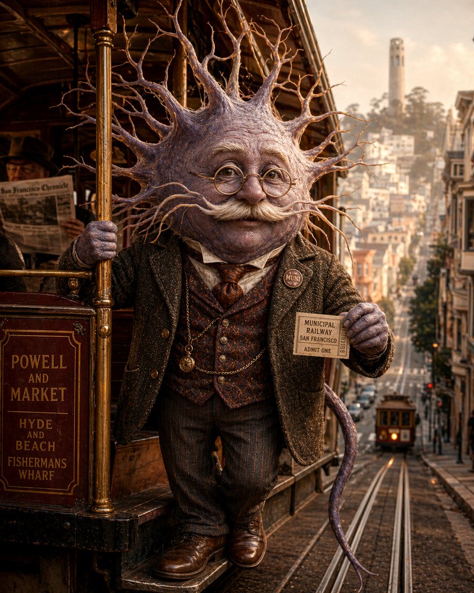 Neuron on a San Francisco Cable Car のQwen Imageプロンプト例: A surreal cinematic character portrait of a neuron dressed as a vintage commuter riding a classic San Francisco cable car,...